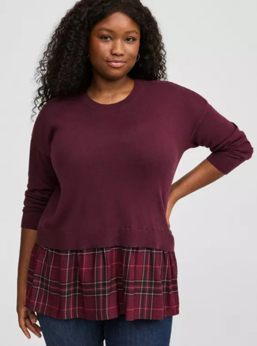 Torrid Womens Size 2/2X Burgundy Plaid Hem Knit Tunic Preppy Chic Sweater D26-4